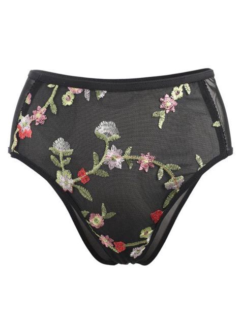 23 Off 2021 Floral Embroidered Mesh High Waisted Panties In Black