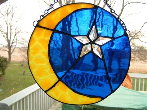 Stained Glass Moon And Bevel Star Sun Catcher Panel By Islandglass1 On Etsy