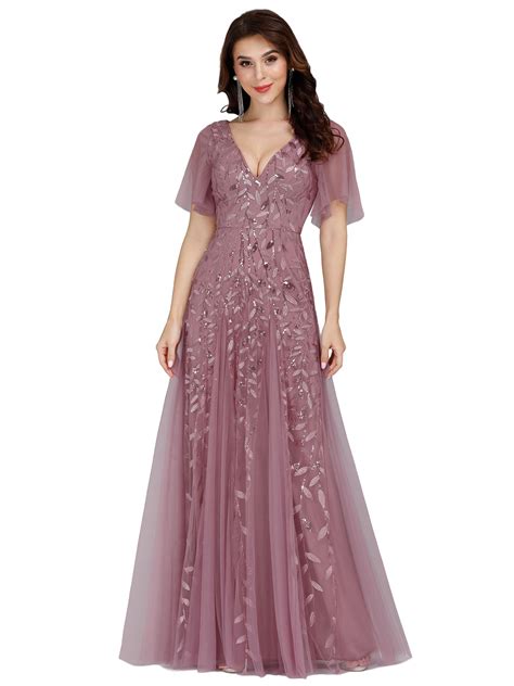 ever pretty women s v neck embroidery short sleeve wedding party evening dress 00734 dusty pink