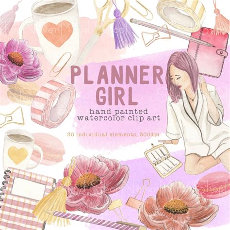 Planner Girl Clip Art Set Watercolor Hand Painted Planner Etsy