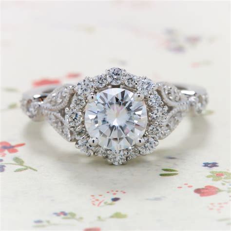 Vintage Floral Style Halo Diamond And Moissanite Engagement Ring Lil