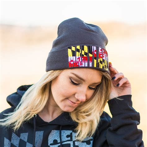 Maryland Flag Embroidered Grey Knit Beanie Cap Route One Apparel