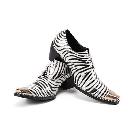 Personality Zebra Stripes Genuine Leather Men Oxford Shoes Metal Square