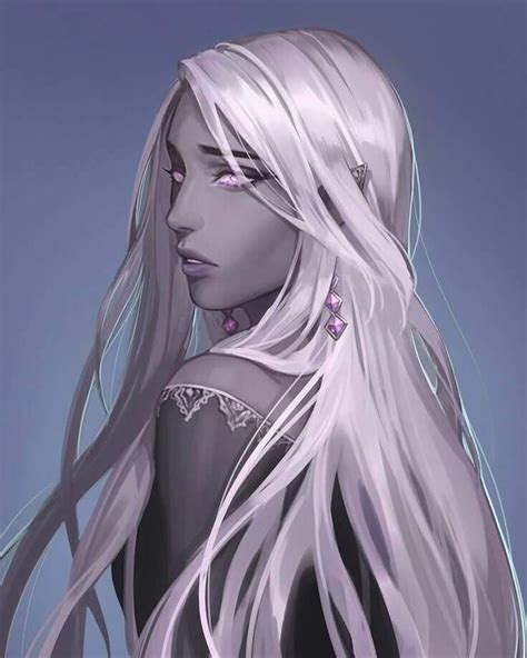 A Digital Painting Of A Woman With Long White Hair And Pink Eyes