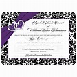 Wedding Invitation | Purple, Black, White Damask | Joined Hearts