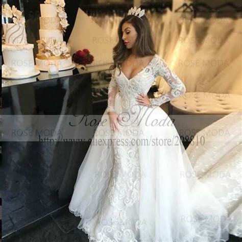 Online Shop Rose Moda Luxury V Neck Long Sleeves Lace Sheath Wedding