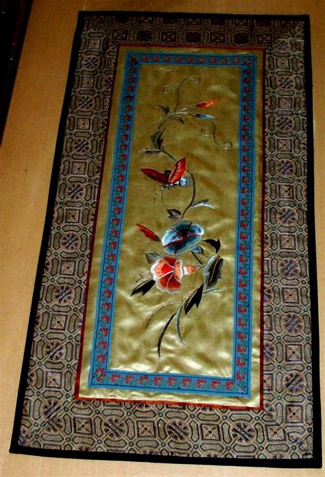 Vintage Chinese Hand Embroidered Art Silk Tapestry Featuring