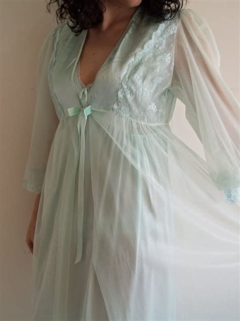 Vintage Peignoir Set Light Teal Blue Nightgown And Sheer Robe Etsy Night Gown Sheer Robe