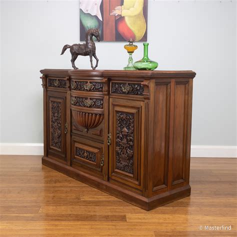 7427a Antique Art Nouveau Walnut Sideboard Buffet Carved Curved