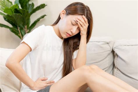 Flatulence Asian Young Woman Girl Hand In Stomach Ache Suffer From