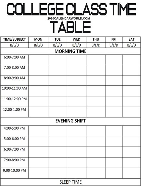Free Class Schedule Template Printable Class Schedule Template