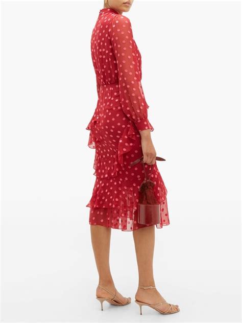 Saloni Isa Polka Dot Devor Silk Blend Chiffon Dress Red Multi