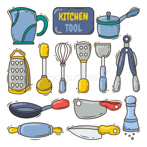 Collection Of Hand Drawn Kitchen Tool Cartoon Doodle Style Stock Vector