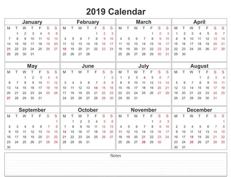 2019 Calendar Printable Free A4 Template Weekly Calendar Printable