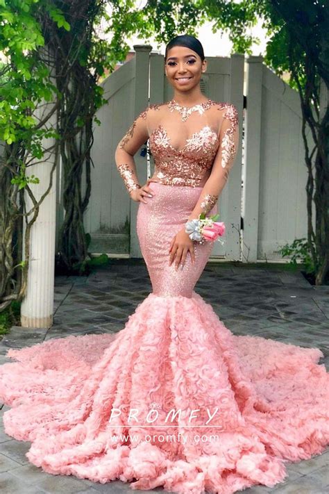 Sophisticated Illusion Rose Gold Sequin And Pink 3d Rosettes Mermaid Prom Dress