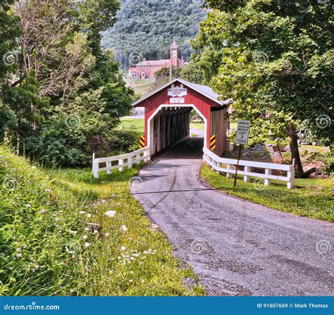 Red Covered Bridge On A Peaceful Country Road Stock Image Image Of