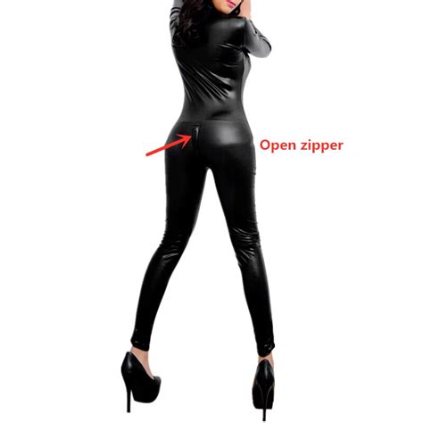 Sexy Lingerie Black Female Faux Leather Catsuit Pvc Latex Bodysuit Front Zipper Open Crotch