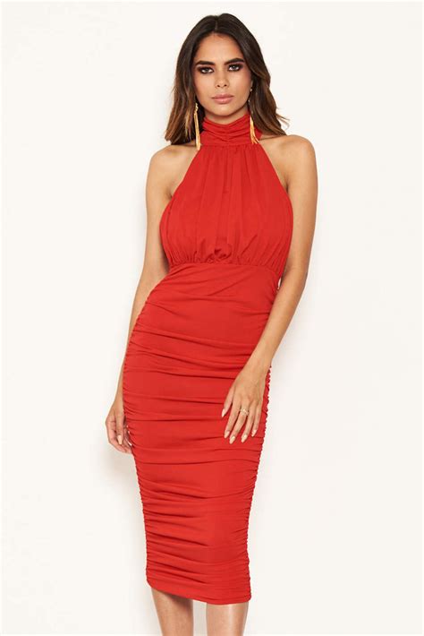 Red High Neck Ruched Bodycon Midi Dress Ax Paris