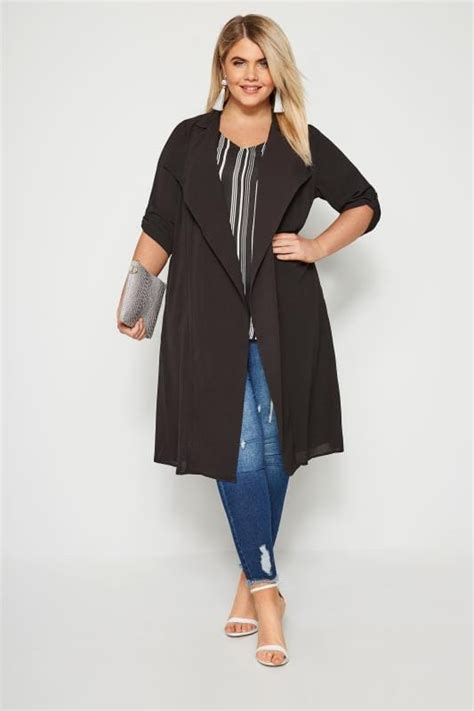 Black Lightweight Duster Jacket With Waterfall Front Plus Size 16 To 36 Yours Clothing