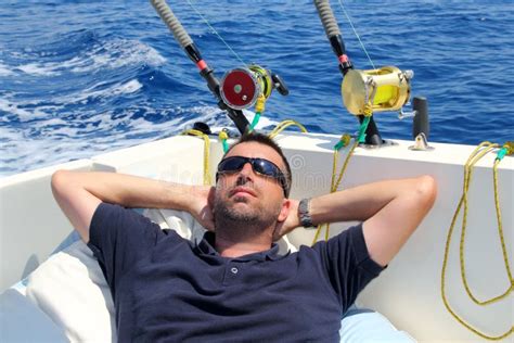 Sailor Man Fishing Resting In Boat Summer Vacation Royalty Free Stock