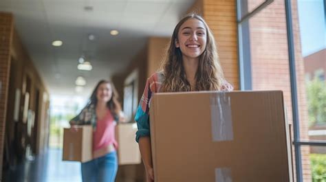 A Lively Scene Of A Student And Parent Moving Boxes Into A Dorm Room