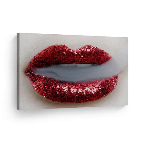 Smile Art Design Sexy Lips Canvas Print Woman Red Lip Shiny Glitter And