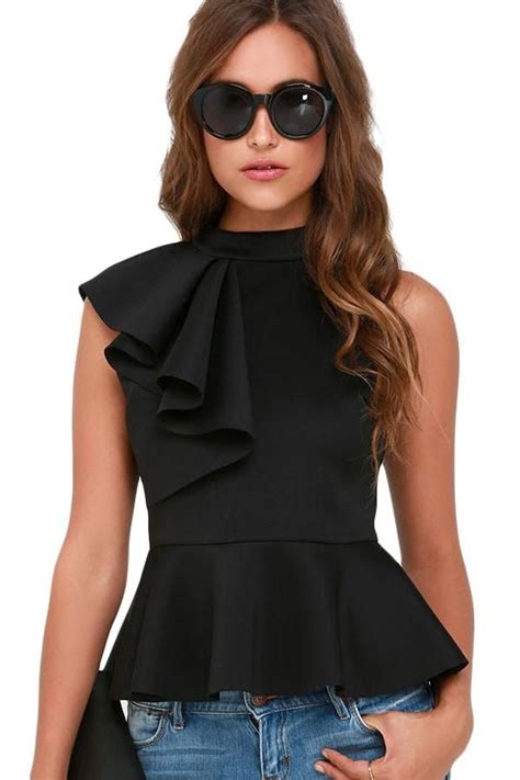 Women Clubwear Turtleneck Asymmetric Ruffle Side Sleeveless Fashion Black Peplum Top