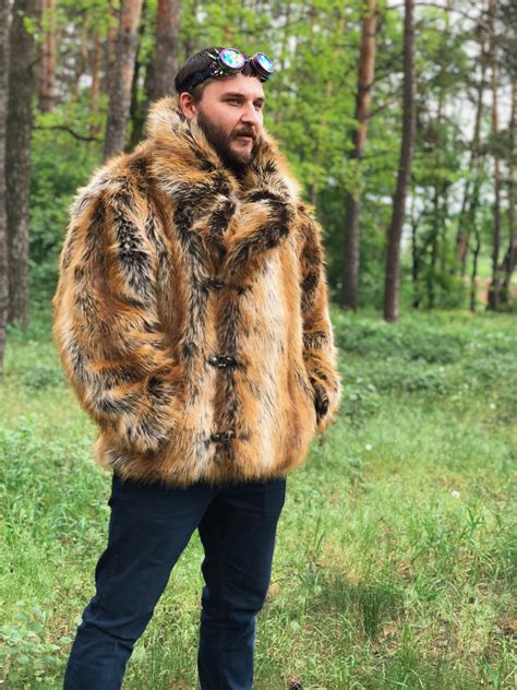 Faux Fox Men Coat Man Collar Fake Fur Coat Double Breasted Etsy