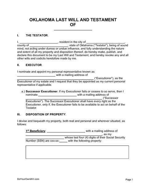 Free Oklahoma Last Will And Testament Form Pdf Word 1 Odt