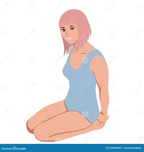 A Young Tanned Girl With Pink Hair In A Blue Swimsuit Vector Illustration Stock Vector