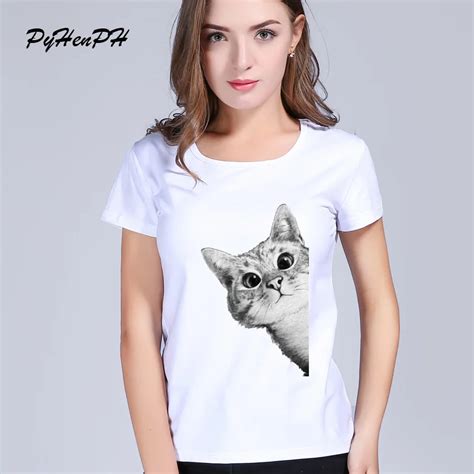 2017 New Arrivals Sneaky Cat Women T Shirt Cute Cat Printed T Shirt Short Sleeve Casual Basic