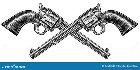 Crossed Pistol Gun Revolvers Vintage Woodcut Style Cartoon Vector