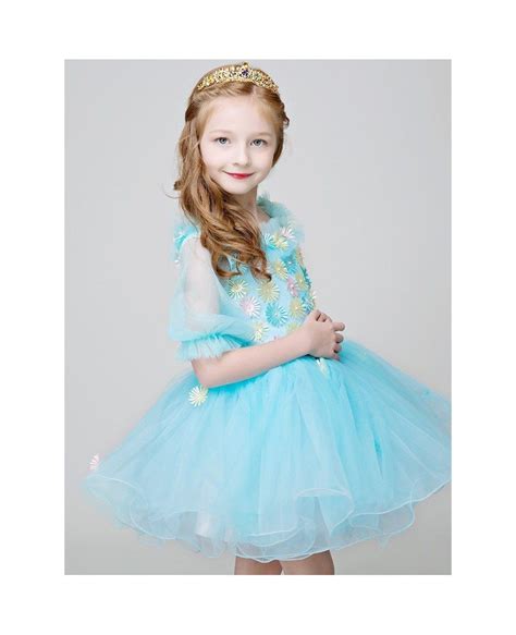 Fairy Blue Short Sleeved Floral Tulle Pageant Dress For