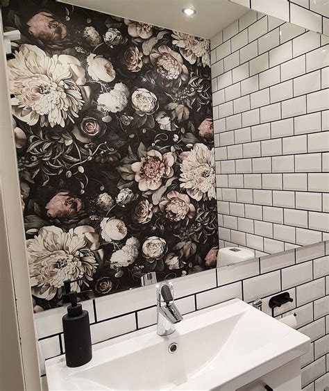White Bathroom With Wallpaper Powder Bath Wallpaper Black Floral