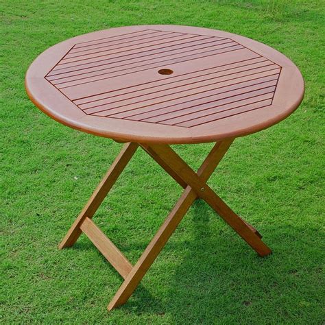 Folding 32 Inch Outdoor Patio Dining Table In Wood With Umbrella Hole