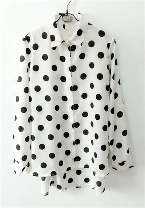 White Polka Dot Long Sleeve Loose Chiffon Blouse Blouses Tops