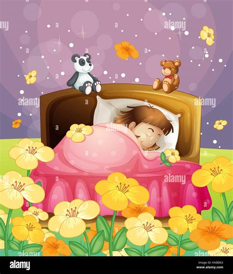 Illustration Of A Girl Sleeping In Her Bed In A Beautiful Nature Stock