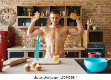 Man Naked Body Cooking Orange Juice Stock Photo Shutterstock
