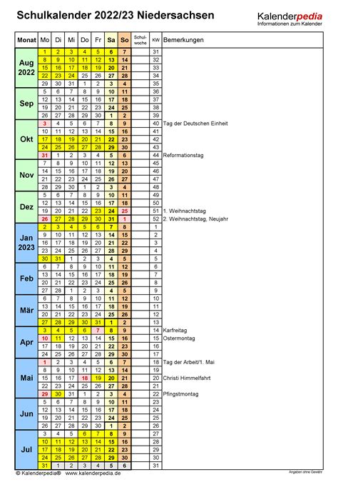 Schulkalender 20222023 Niedersachsen Für Pdf