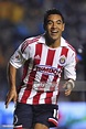 Marco Fabian de la Mora of Chivas celebrates a scored goal during a ...