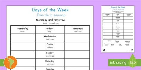 Days Of The Week Yesterday And Tomorrow Worksheet Twinkl