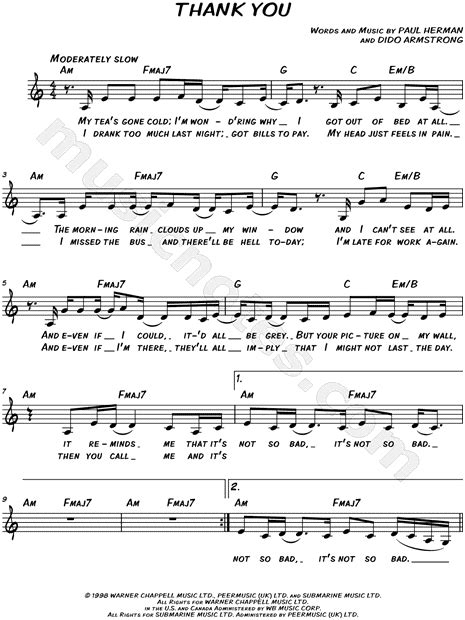 Dido Thank You Sheet Music Leadsheet In C Major Download And Print