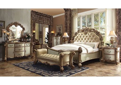 Vendome Bonegold Patina Eastern King Upholstered Bed Wdresser And