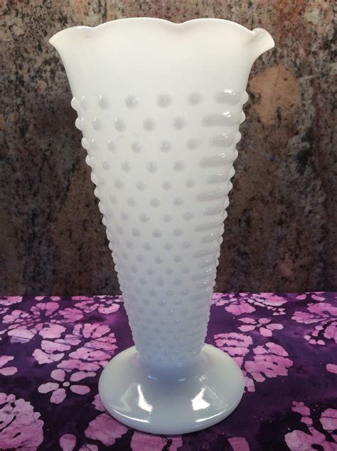 Vintage Hobnail Milk Glass Vase W Fluted Top Edge And Round Base Etsy