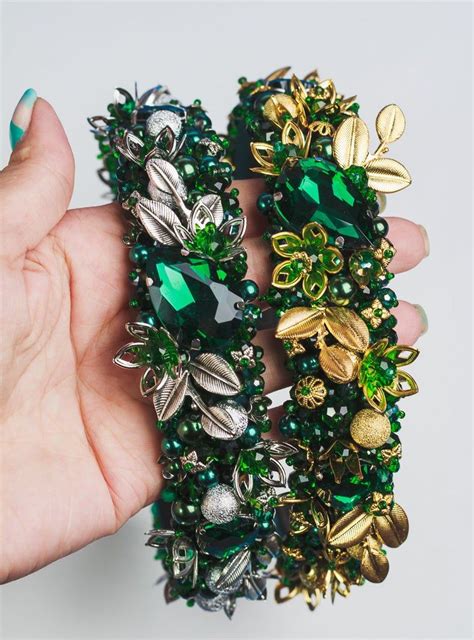 Emerald Headband Green Silver Tiara Jeweled Beaded Headband Etsy In