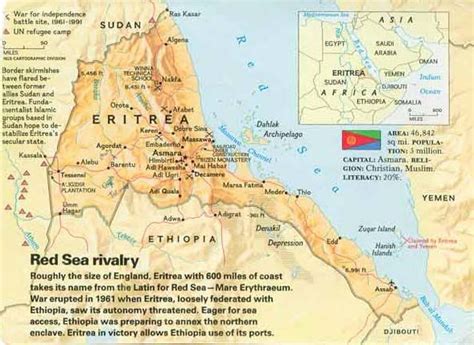 Eritrea is located in the horn of africa.it was adopted in 1890 by italian colonization.the name eritrea was named after the greek wordred sea. eritrea has approximately 45,406 sq mi. eritrea map - Google Search | Map, African idea, Eritrea