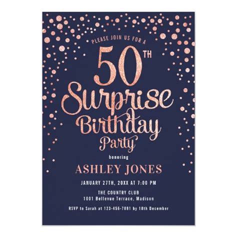Surprise 50th Birthday Party Navy And Rose Gold Invitation