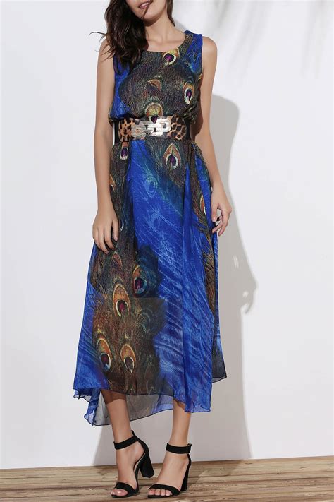 Blue Xl Fashionable Scoop Neck Peacock Feather Print Sleeveless Dress