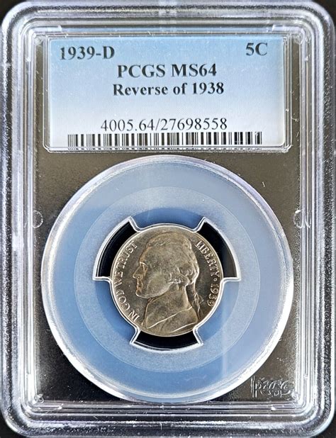 Key Date 1939 D Jefferson Nickel Pcgs Ms64 Unc 5c Five Cents Reverse Of