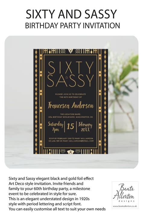 Elegant Sixty And Sassy Black Gold Art Deco 60th Invitation Zazzle